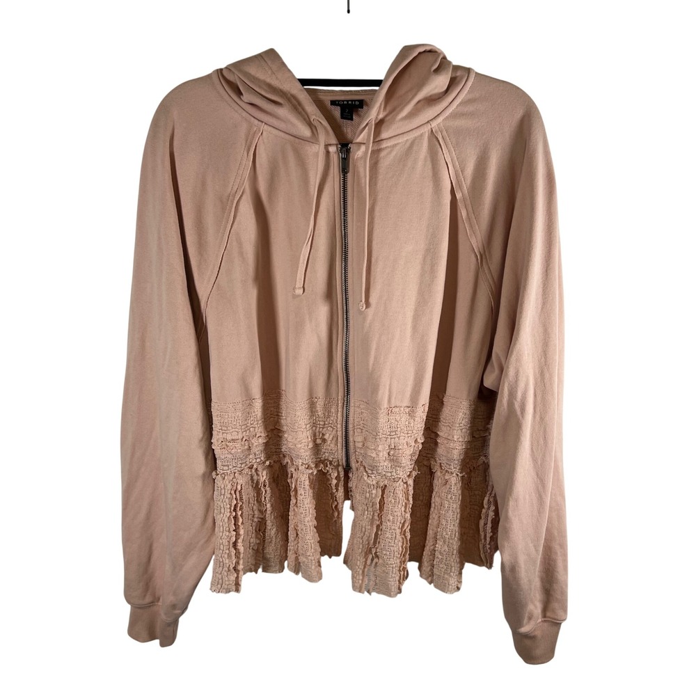 Torrid Blush Pink Lace Ruffle Hem Zip‎ Up Hoodie Jacket Women Plus Sz 2X Boho